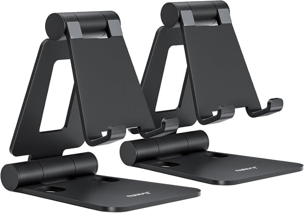Nulaxy 2 Pack Fully Aluminum Dual Folding Cell Phone Stand, Adjustable Foldable Desktop Phone Holder for Desk Compatible with iPhone 17 16 15 14 13 12 11 Pro Max Xs Xr X 8, All Phones, Black & Silver