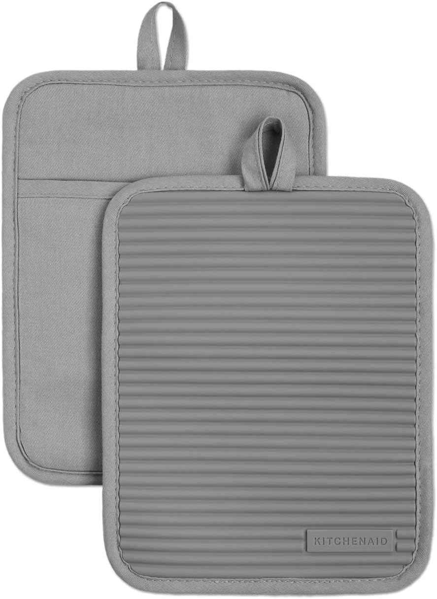 KitchenAid Ribbed Soft Silicone Pot Holder 2-Pack Set, Milkshake Tan, 7"x9"