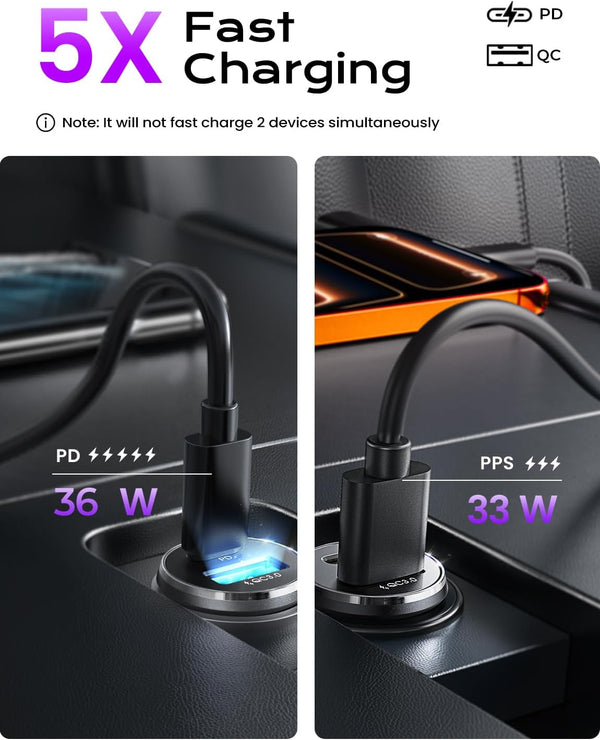 69W Dual Port Car Charger with USB C and USB A Ports