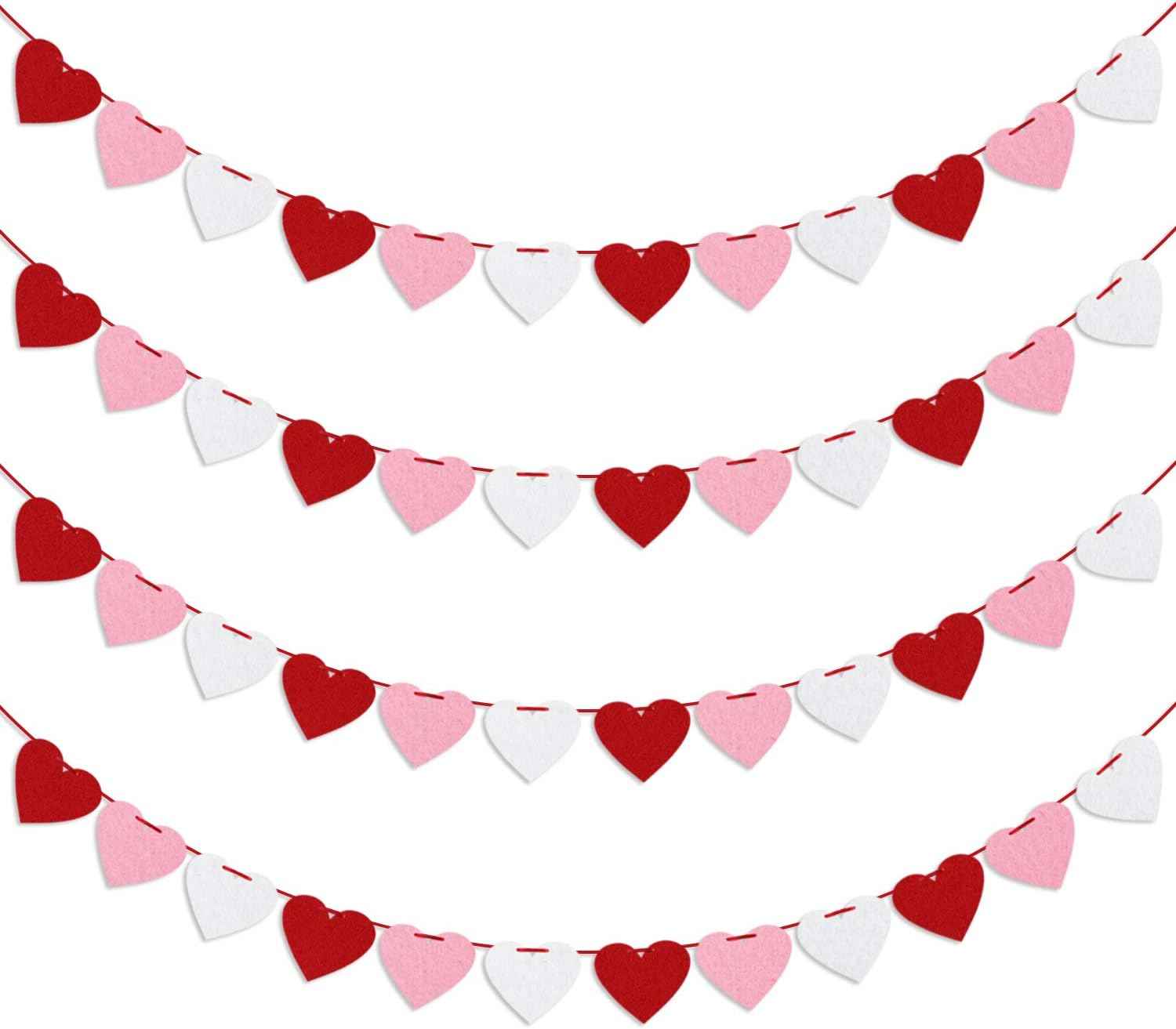Felt Heart Garland Banner, Pre-Strung | Valentines Decorations | Red Pink White Valentines Banner | Anniversary Wedding Birthday Party Decorations | Outdoor Home Hanging Valentine's Day Decor