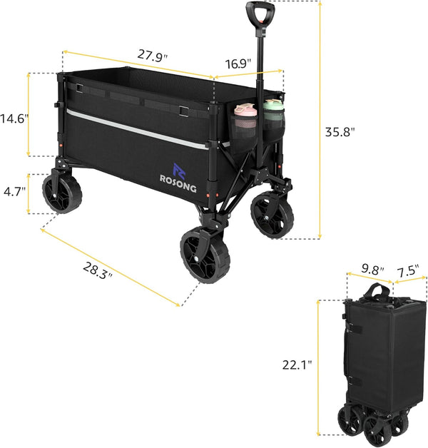 ROSONG Collapsible Wagon Cart with Wheels Foldable - Folding Utility Heavy Duty Wagons Carts for Grocery Sports Garden Shopping Camping Wheelbarrows (Black, 120L)