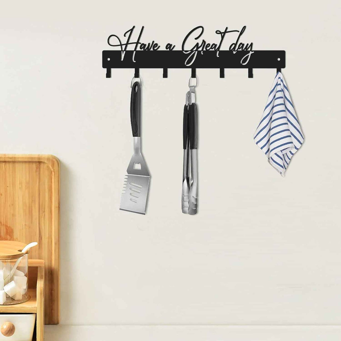 Have a Great Day Key Hooks for Wall Decoration,Delicate Fashion Black Metal Key Holder Wall Mount,Have a Great Day Key Hanger with 7 Kooks for Hallway,Office