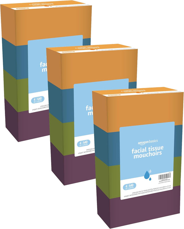 Amazon Basics Facial Tissue, 2-Ply, 160 Tissues per Box, 4 Boxes (640 total) (Previously Solimo)