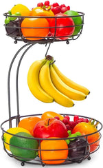 Auledio Iron 2-Tier Countertop Fruit Vegetables Basket Bowl Storage With Banana Hanger, Black, 64 ounces