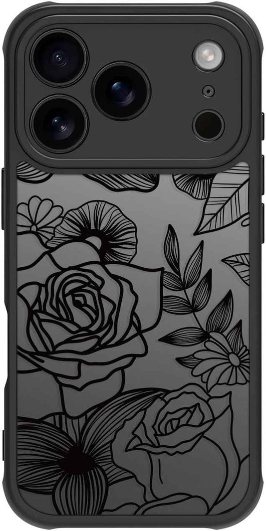 Girly Flower Case Compatible with iPhone 17 Pro Max, Cute Rose Aesthetic Black Line Art Floral Pattern Print, Anti Fingerprint PC Heavy Duty Protection Cases Cover for Girls Women