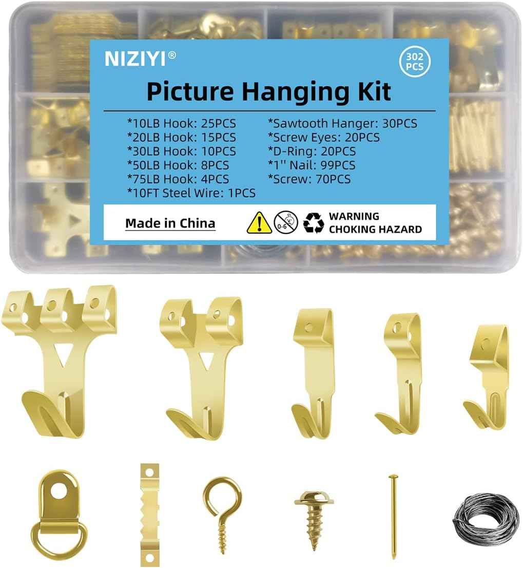 152Pcs Picture Hanging Kit, Picture Hangers 10lb, 20lb, 30lb, 50lb, 100lb Hooks with Nails, Heavy Duty Photo Frame for Pictures, Painting ,Mirror, Wall Art Mounting on Drywall, Wooden Wall