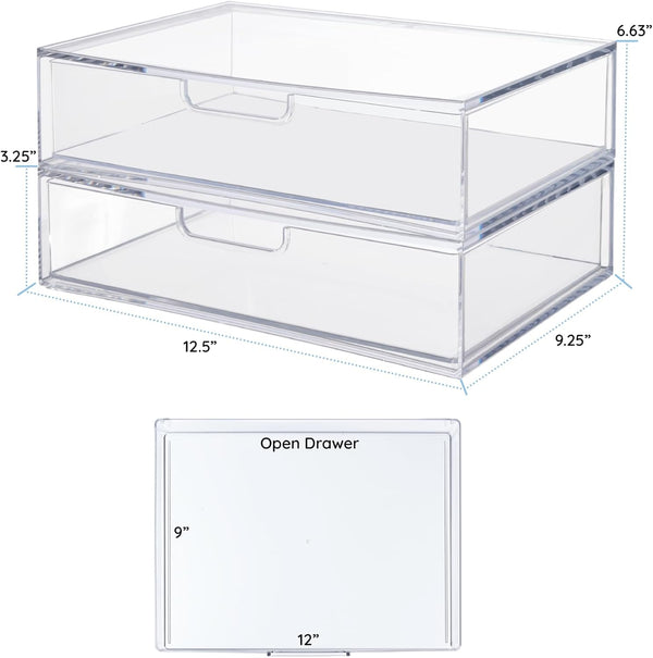 STORi STAX Plastic Stackable Organizer Drawers Set of 2 Clear Made in USA