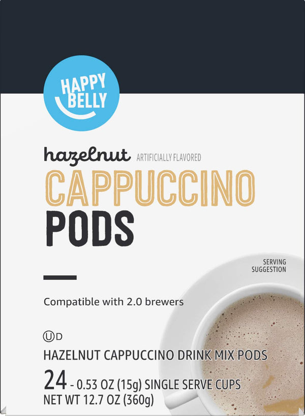 Happy Belly Light Roast Cappuccino Coffee Pods, Hazelnut Flavored, 24 Count