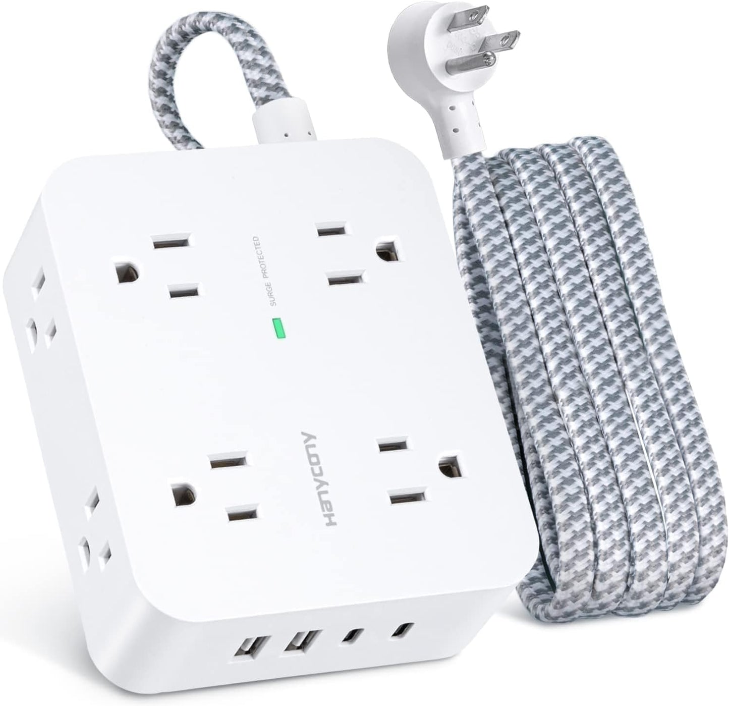 HANYCONY Surge Protector Power Strip – 8 Outlets with 4 USB Ports (2 USB-C), 5Ft Braided Extension Cord, Flat Plug Multi Outlet for Home & Office