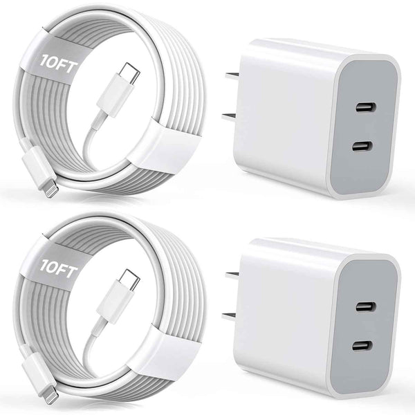 apple mfi certified 10ft iphone fast charger, 2-pack pd dual apple fast charger usbc charge block