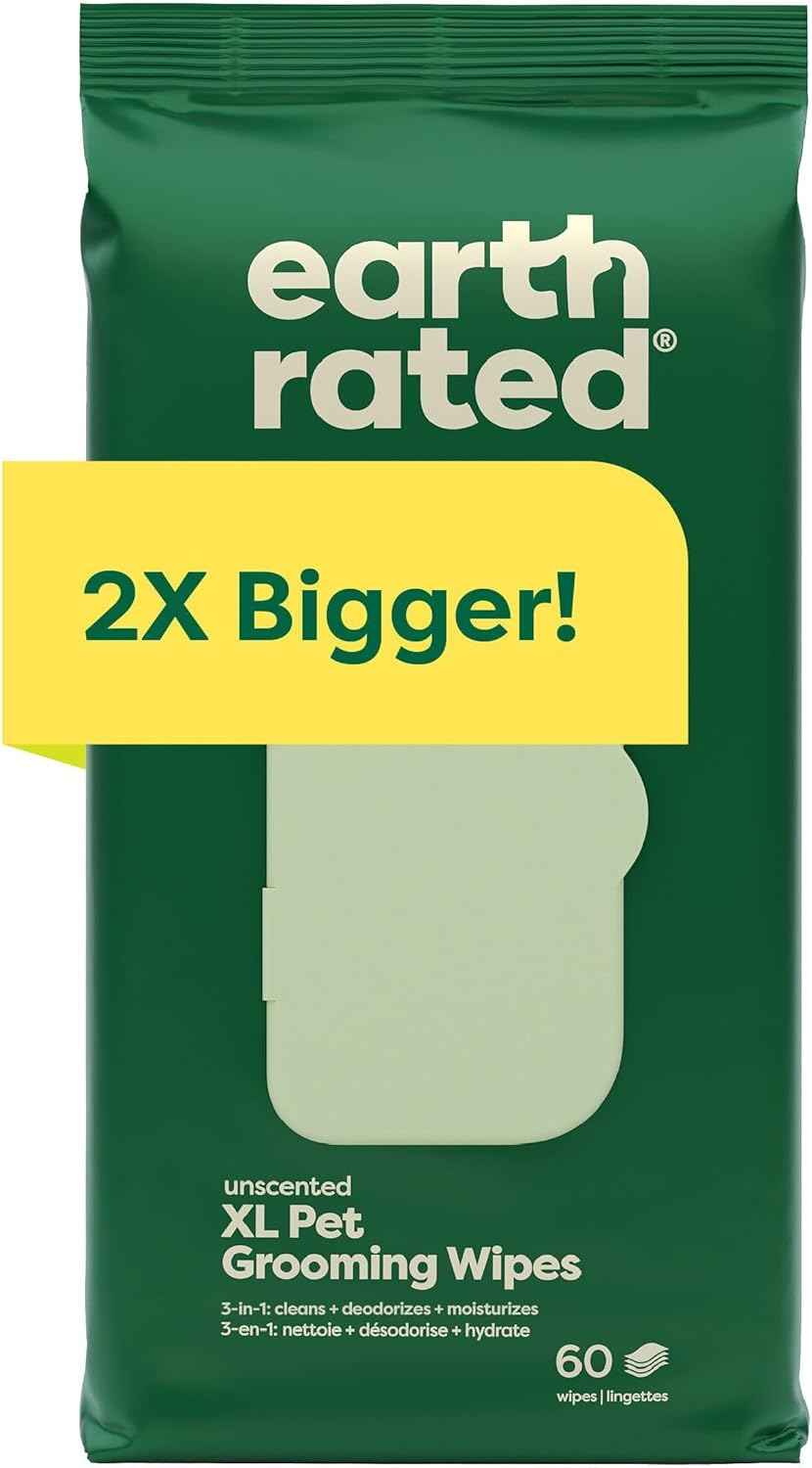 Earth Rated Pet Wipes for Dogs and Cats, Hypoallergenic, Cleaning and Hydrating, for Grooming Paws, Body and Butt, Unscented, 100 Count