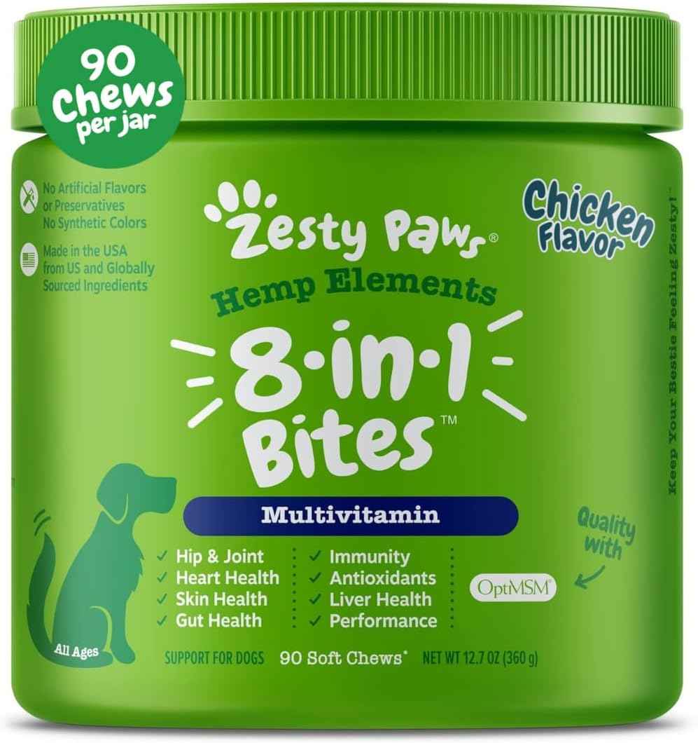 Zesty Paws Dog Multivitamin, Chewable Dog Vitamins and Supplements for Hip & Joints, Skin & Coat, Omega 3 Fish Oil for Dogs- Senior & Puppy Multivitamin- Chicken- 90ct