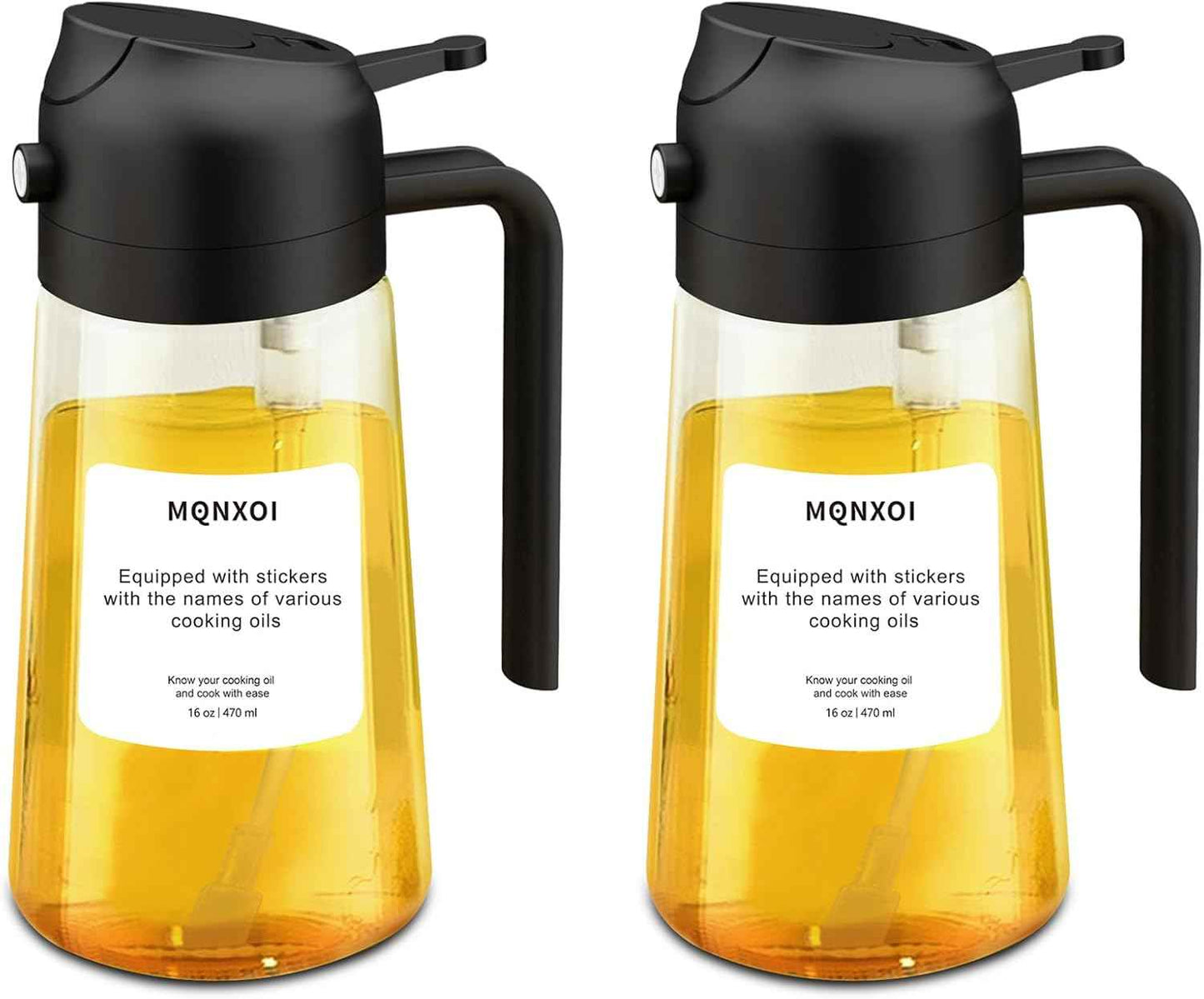 2 in 1 Glass Oil Sprayer & Dispenser,16oz/470ml Olive Cooking, Air Fryer, and Salad, for Kitchen Gadgets and Air Fryer Accessories, w/Stickers (Black)