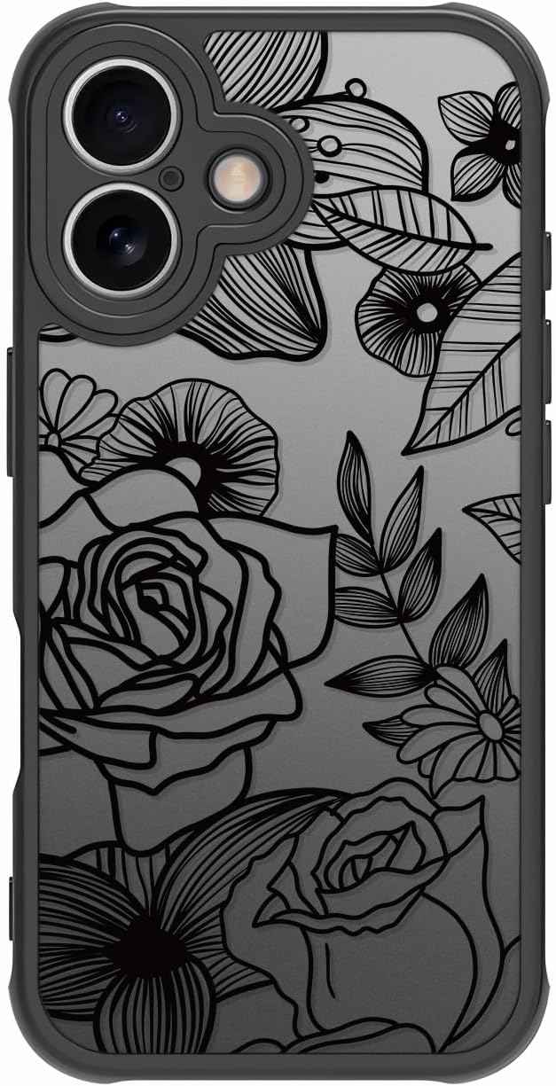 Girly Flower Case Compatible with iPhone 17 Pro Max, Cute Rose Aesthetic Black Line Art Floral Pattern Print, Anti Fingerprint PC Heavy Duty Protection Cases Cover for Girls Women