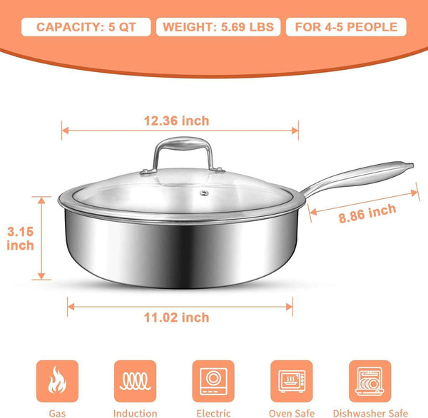 EWFEN 12 Inch Tri-Ply Stainless Steel Frying Pan, Compatible with All Cooktops Up to 600℉, Large Frying Pan with lids, Induction-Ready Skillet, Dishwasher and Oven Safe, Even Heat, 12" Saute Pan+Lid