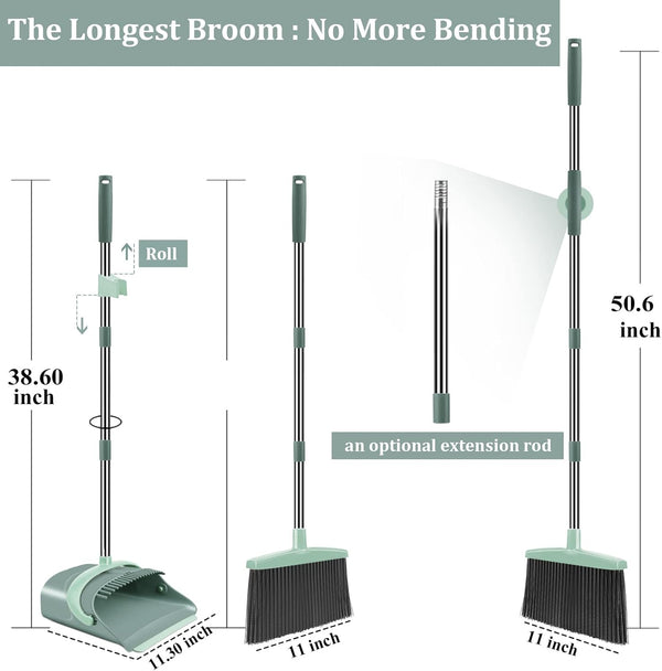 Ivandar Broom and Dustpan Set for Home, Dust pan with Long Handle, Broom with Dustpan Combo Set, for Home Kitchen Room Office Lobby Floor Use Upright Stand Up Sweeping (Gray&Green)