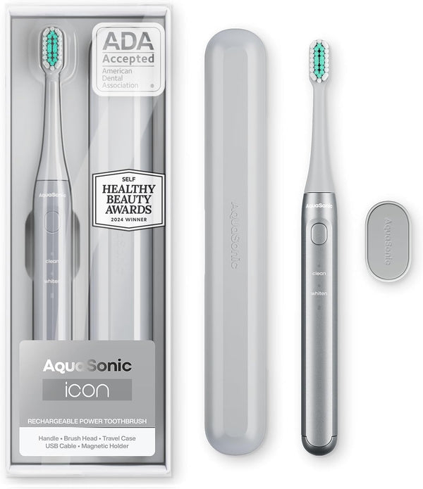 Aquasonic Icon ADA-Accepted Rechargeable Toothbrush with Magnetic Holder & Slim Travel Case | 2 Modes & Smart Timers | Gentle Micro-Vibrations
