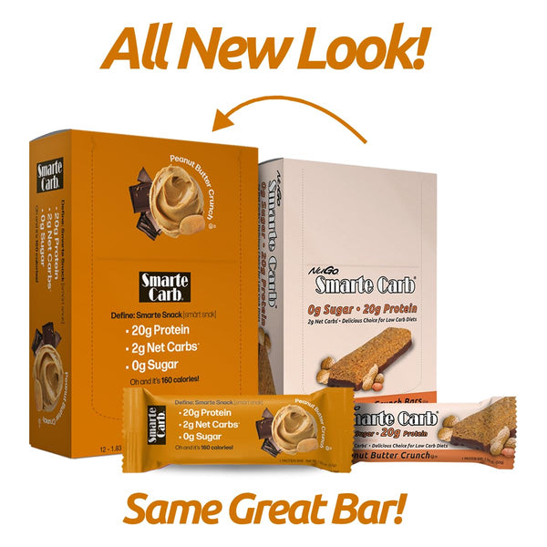 NuGo Smarte Carb protein bars with 20g protein, 0g sugar, 2g net carbs, 160 calories, brown sugar free peanut butter crunch, 12 count