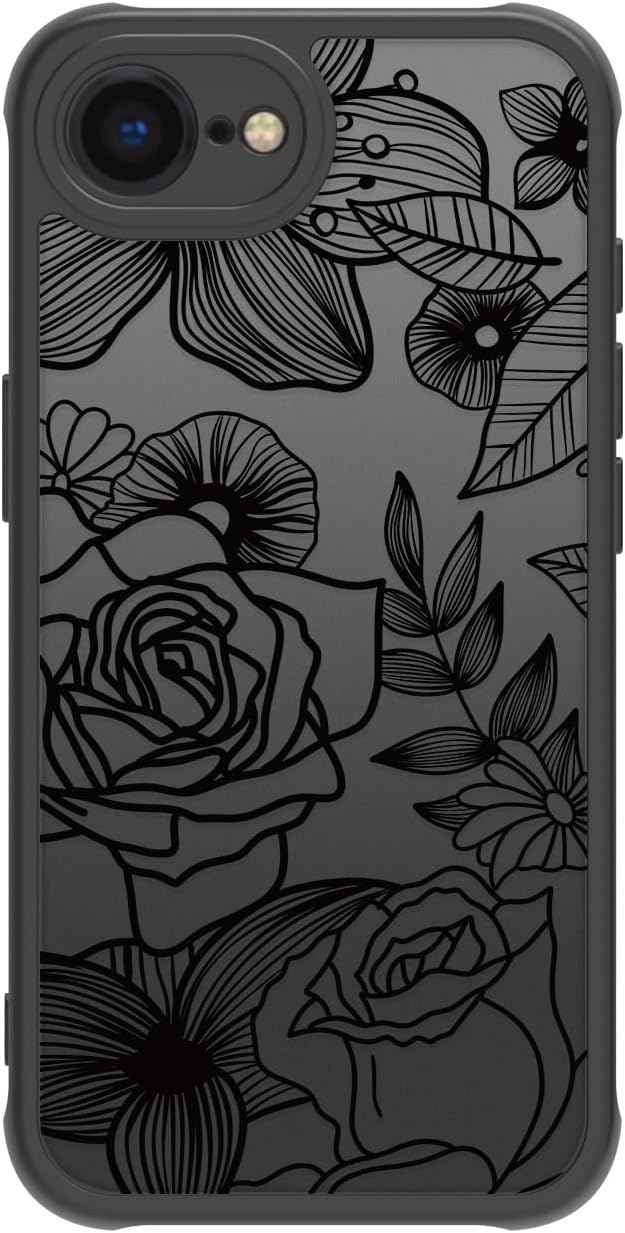 Girly Flower Case Compatible with iPhone 17 Pro Max, Cute Rose Aesthetic Black Line Art Floral Pattern Print, Anti Fingerprint PC Heavy Duty Protection Cases Cover for Girls Women