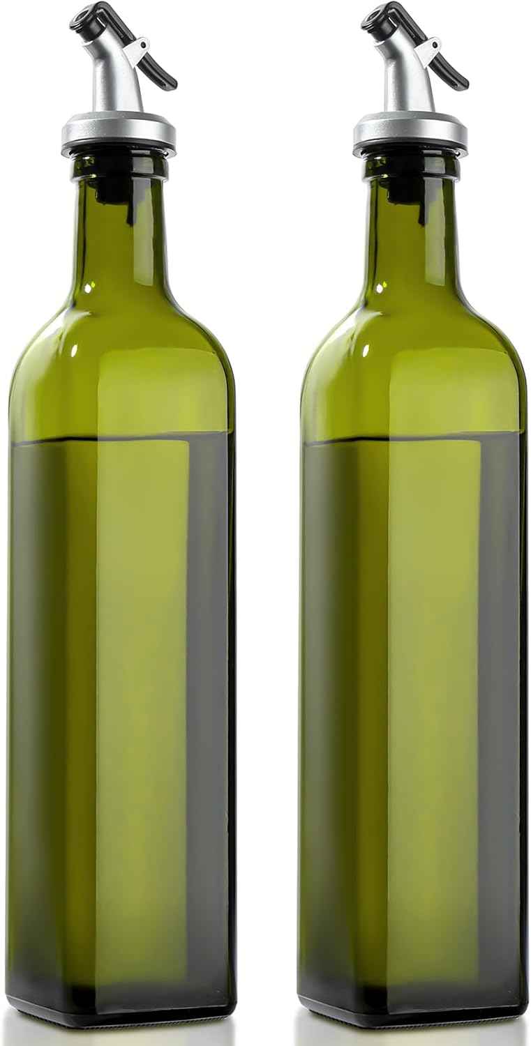 GMISUN Olive Oil Dispenser for Kitchen, 4 Pack 17 fl oz Glass Oil Dispensers Bottle, Cooking Soy Sauce Bottle Container Cruet with Plastic Pourer Spout, Funnel and Labels, Clear