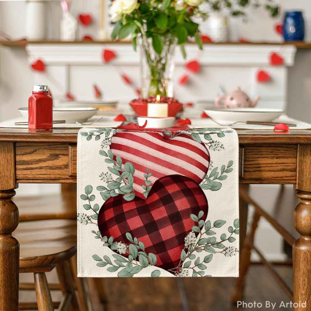 Artoid Mode Eucalyptus Hearts Valentine's Day Table Runner, Holiday Kitchen Dining Table Decoration for Home Party Indoor 13x72 Inch