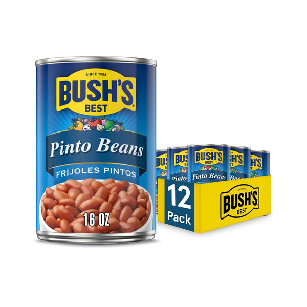 Bush's Best 16 oz Canned Pinto Beans, low fat and gluten free, great for soups, salads and plant-based meals, pack of 12