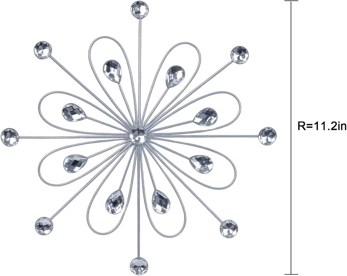 hogardeck Metal Flower Wall Decor, 11inch Silver Metal Jeweled Wall Art Bling Crystal Home Décor, Sun Burst Rhinestone Wall Hanging Diamond Accents for for Indoor, Outdoor, Living Room, Bedroom