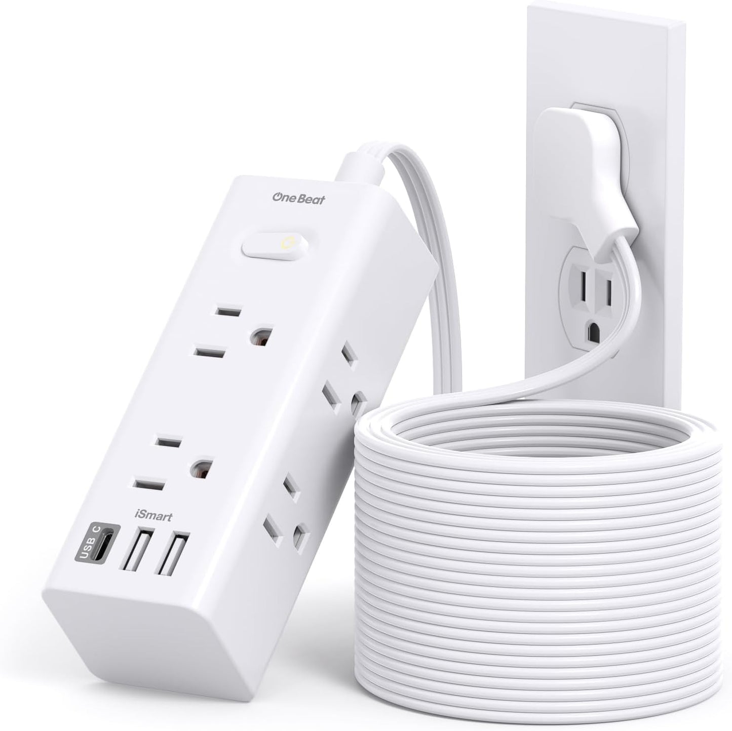 One Beat 10Ft Extension Cord Power Strip – 6 Outlets & 4 USB Ports (2 USB-C), Flat Plug Surge Protector for Home