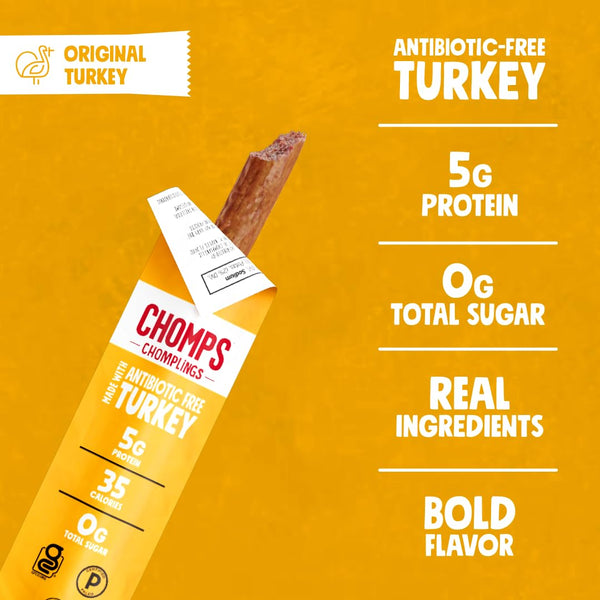 Chomps Snack Size Original Turkey Jerky Meat Sticks, 0.5 Oz, Pack of 24