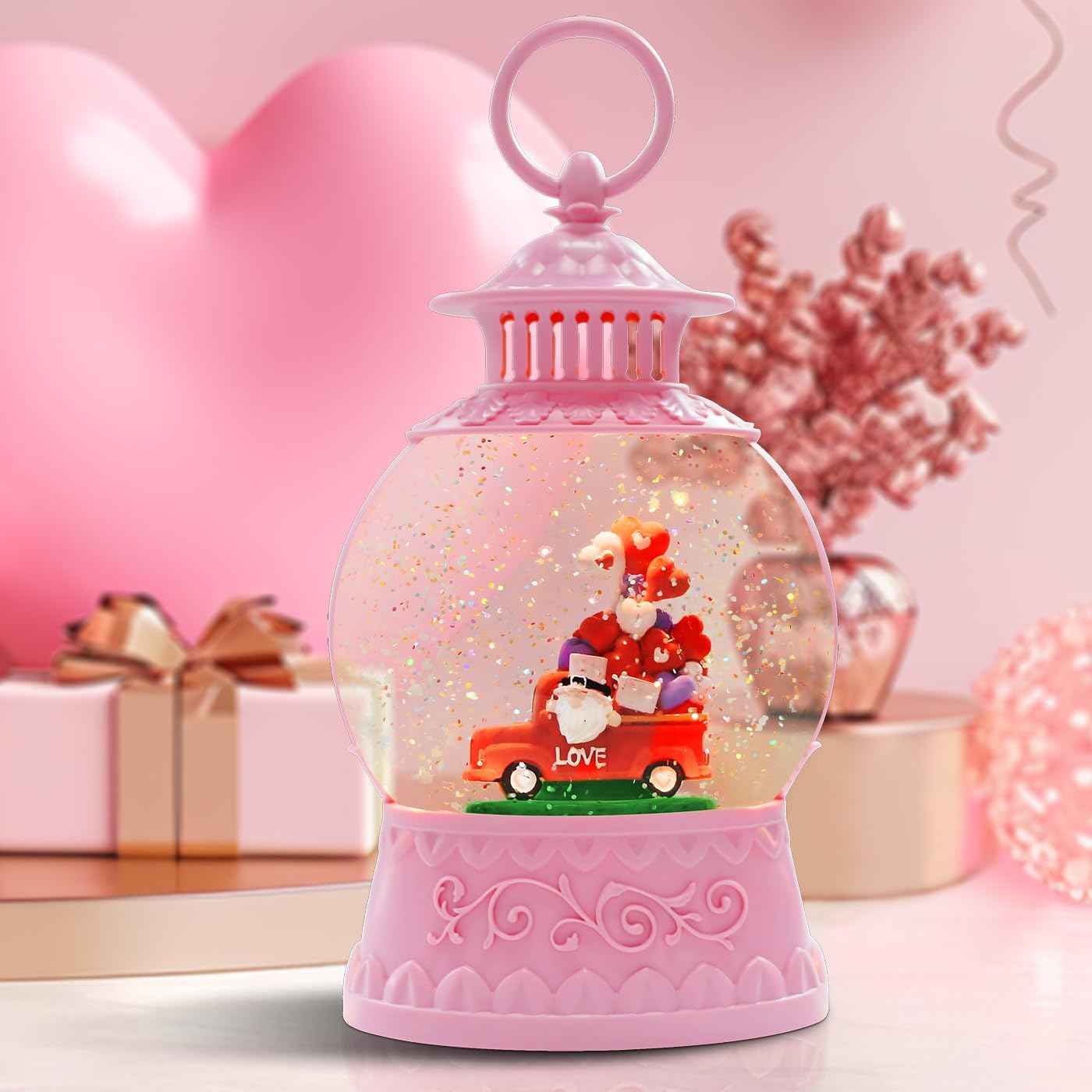 Valentine Day Red Truck Snow Globe Musical Decor,Valentines Day Couple Red Truck Light Up Snow Globe 6H Timer, USB/Battery Operated,Valentines Day Gifts for Her, Teacher, Girls