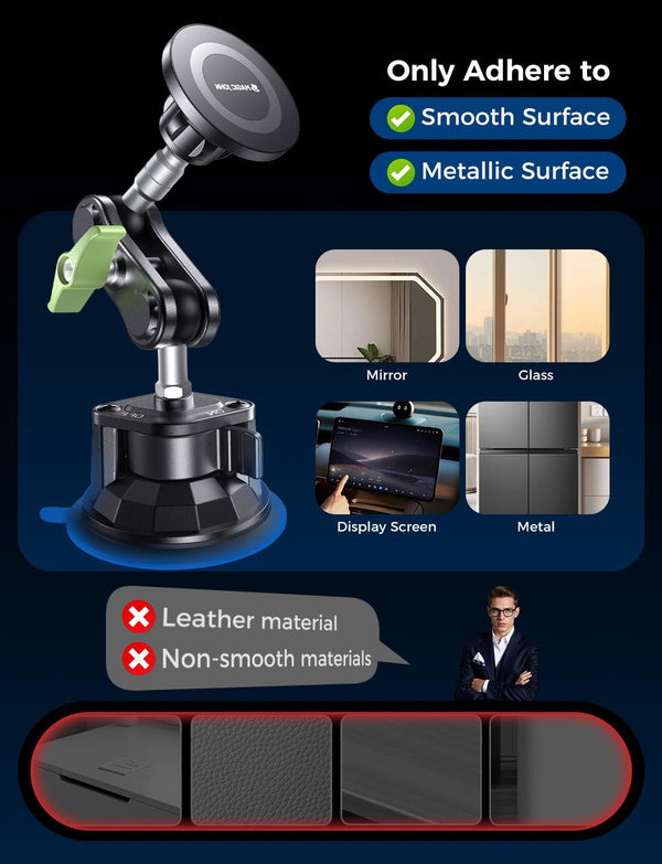 MAGIC JOHN Magnetic Car Phone Holder [Strong Suction&Strong Magnetic] 360° Adjustable Car Phone Mount for Windshield, Ultra-Durable Metal, Suction Cup Car Phone Mount for iPhone Samsung All Smartphone