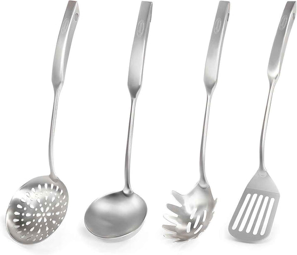 Newness 16 Pcs Cooking Utensils Set, 304 Stainless Steel Kitchen Utensils Set, Metal Kitchen Accessories, Include Soup Ladle, Slotted Skimmer Spoon, Spaghetti Spoon and Spatula, Dishwasher Safe