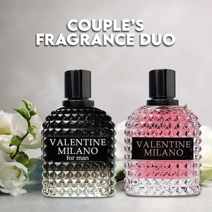 Valentine Milano Couple Set Perfume Gift Set for Women/Men EDP – (100ml x2) Amber Floral & Oriental Scents, Cologne with a Modern Twist Elegant, Plus 2 Refillable 5ml Travel Spray Bottles.