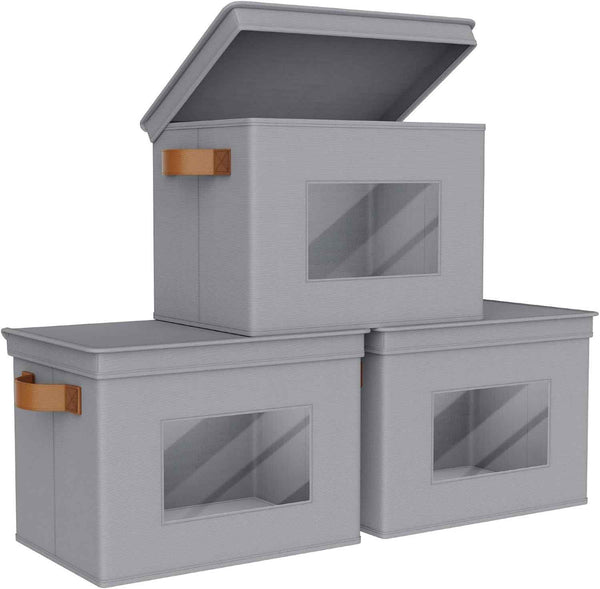 Univivi Fabric Foldable Storage Boxes [4-Pack] Large Collapsible Stackable Storage Bins with Lids, Closet Organizers and Storage Cube Basket for Home, Office, Bedroom (Gray, 17“ x 12” x 12")