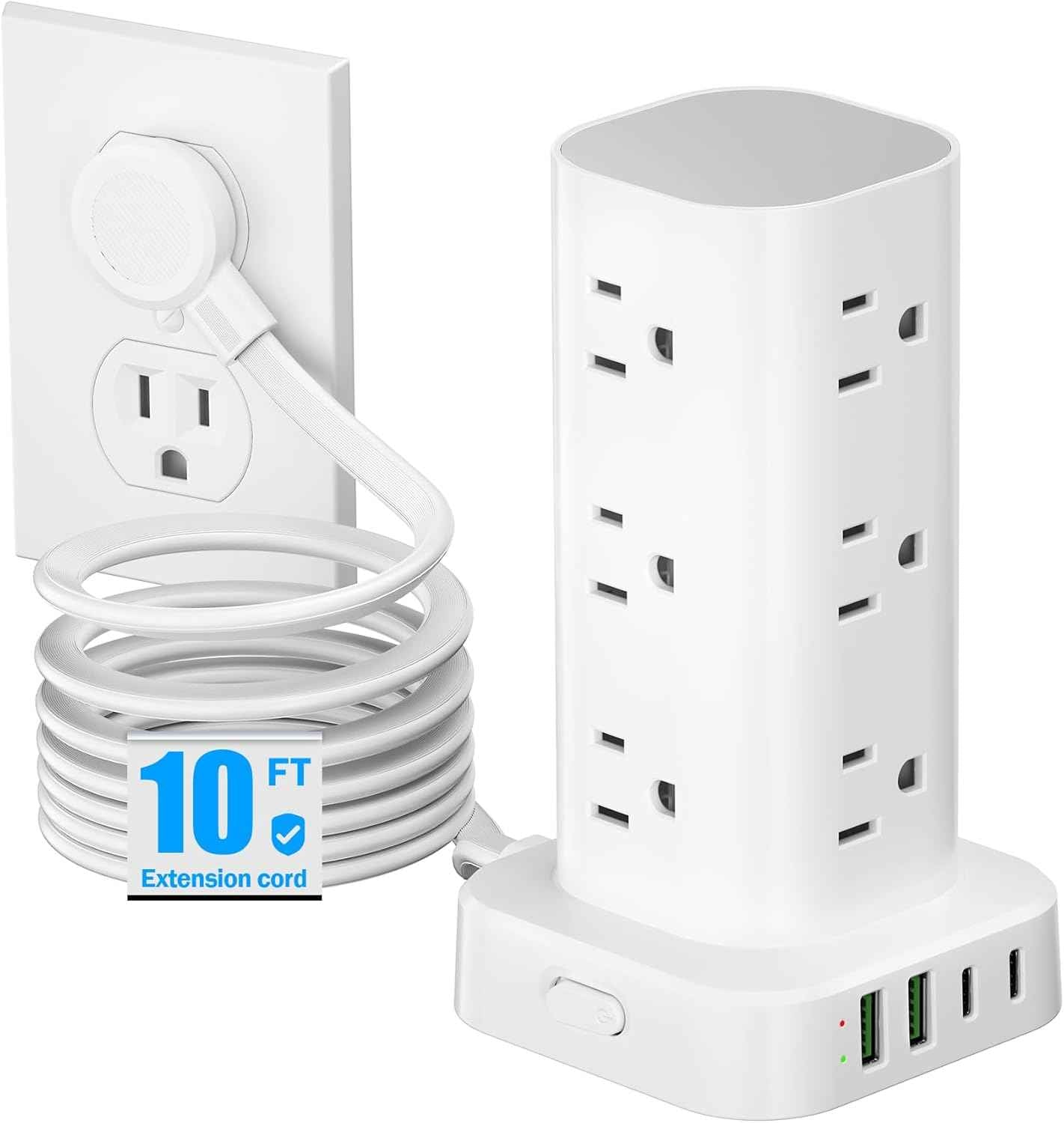 Tower Power Strips with Surge Protection, 6FT Flat Extension Cord with Multiple Outlets, 12 AC 4 USB Ports, Overload Protection Charging Station for Office Home Dorm Room Travel (White)