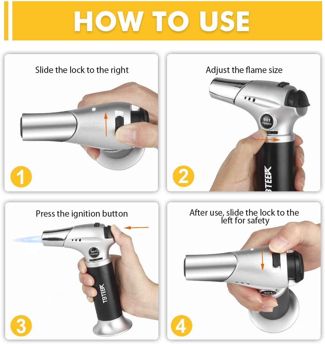 TBTEEK Butane Torch, Kitchen Torch Cooking Torch with Safety Lock & Adjustable Flame for Cooking, BBQ, Baking, Brulee, Creme, DIY Soldering(Butane Not Included)