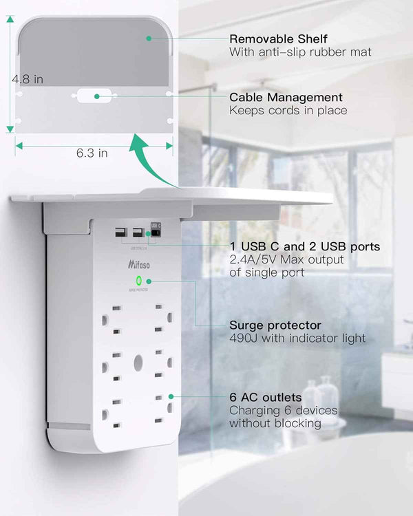 wall outlet extender with 6 ac outlets, shelf, 2 usb & usb c charging ports - compact plug expander