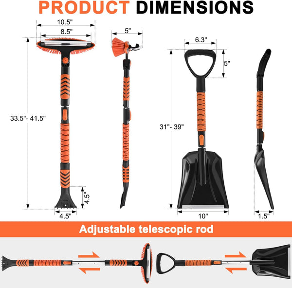 car snow brush snow shovel kit, 42'' extendable ice scrapers and snow brushes for car windshield with foam grip 180° pivoting brush head snow scraper, 39'' extendable emergency snow shovel for car
