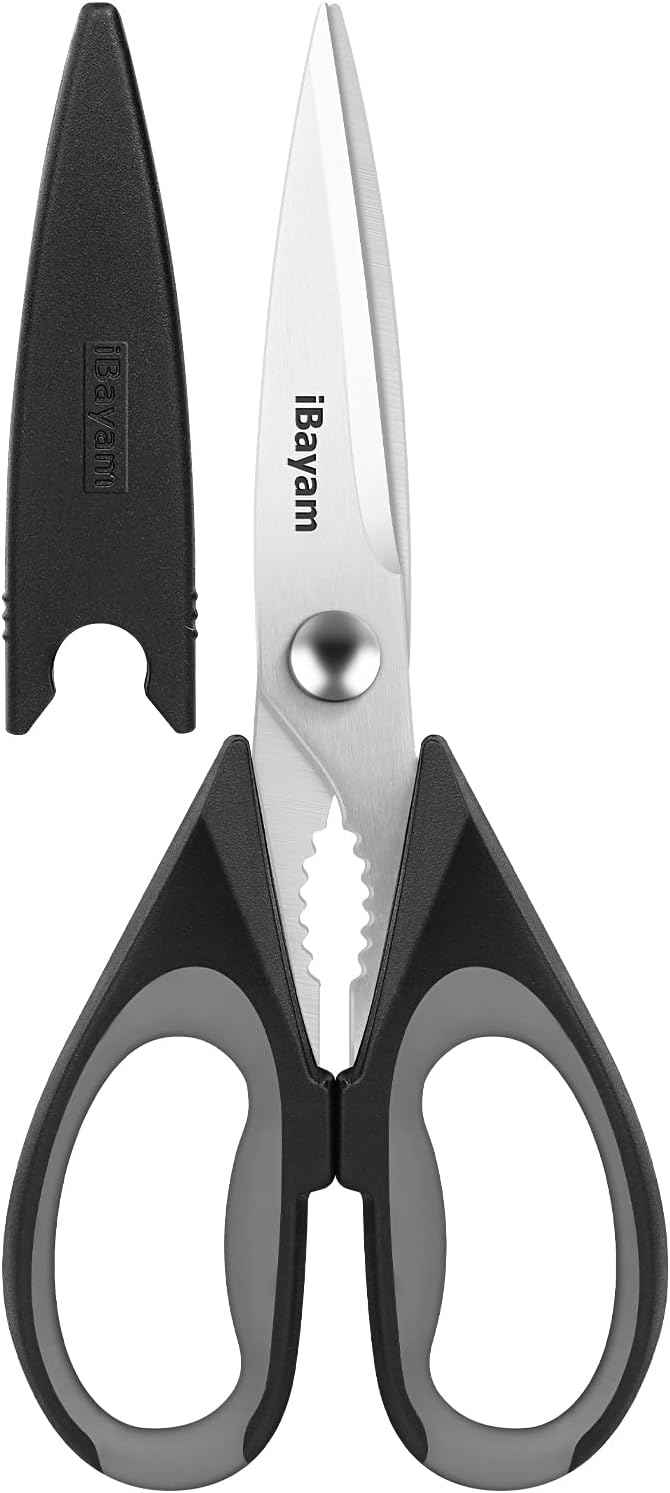 iBayam 3-Pack 8.5"Kitchen Scissors All Purpose Heavy Duty with Protective Sheath, Soft Grip Comfort Handle, Dishwasher Safe Kitchen Utensils Gadgets Set, Stainless Cooking Meat Poultry Food Shears