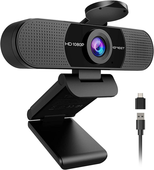 emeet c960 1080p webcam with 2 mics, 90° fov, usb type-a & a-to-c adapter, plug&play computer camera