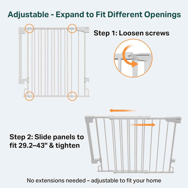 Cumbor 29.2–43" Baby Gate for Stairs, Wall-Mounted (Drill Required), Expandable No Bottom Bar Dog Gate, Auto Close Extra Wide Walk Thru, Pet & Toddler Proof Gate, Top & Bottom of Stairways (White)