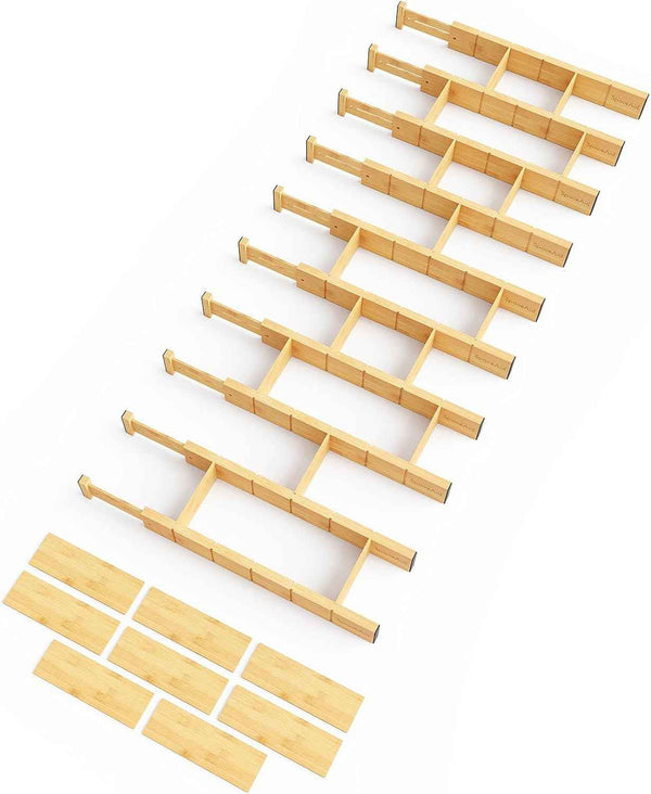 SpaceAid Bamboo Drawer Dividers with Inserts and Labels, Kitchen Adjustable Drawer Organizers, Expandable Organization for Home, Office, Dressers, 4 Dividers with 9 Inserts (17"-22" Natural)