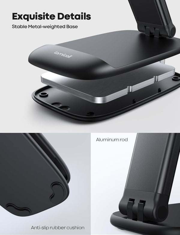 Adjustable phone stand for desk, compatible with iPhone and Galaxy