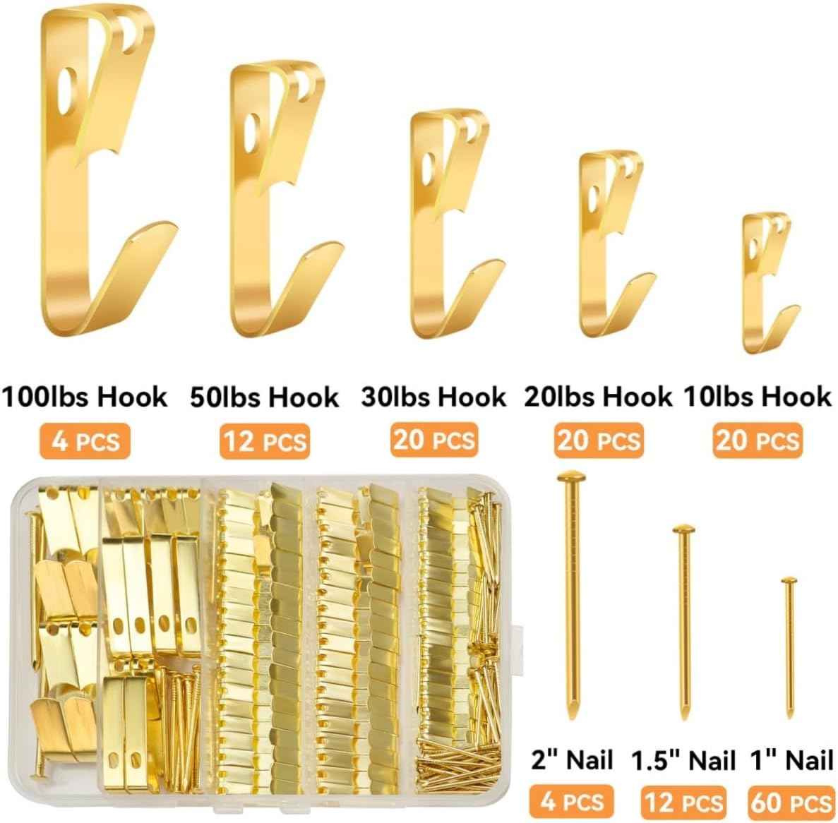 152Pcs Picture Hanging Kit, Picture Hangers 10lb, 20lb, 30lb, 50lb, 100lb Hooks with Nails, Heavy Duty Photo Frame for Pictures, Painting ,Mirror, Wall Art Mounting on Drywall, Wooden Wall