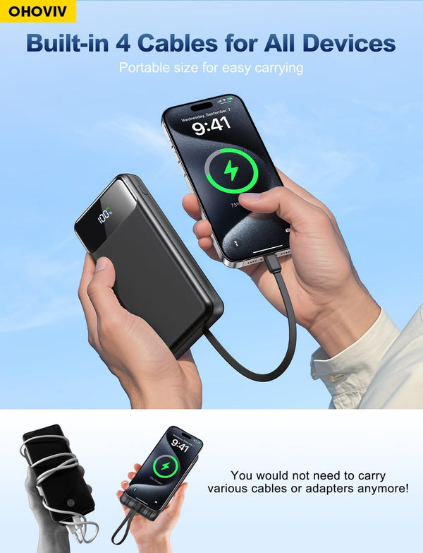 OHOVIV Portable Charger Power Bank 50000mAh Battery Pack, 22.5W Fast Charging PowerBank with Built in Cables,Travel Essential USB-C Portable Phone Charger for iPhone Samsung Pixel Android iPad
