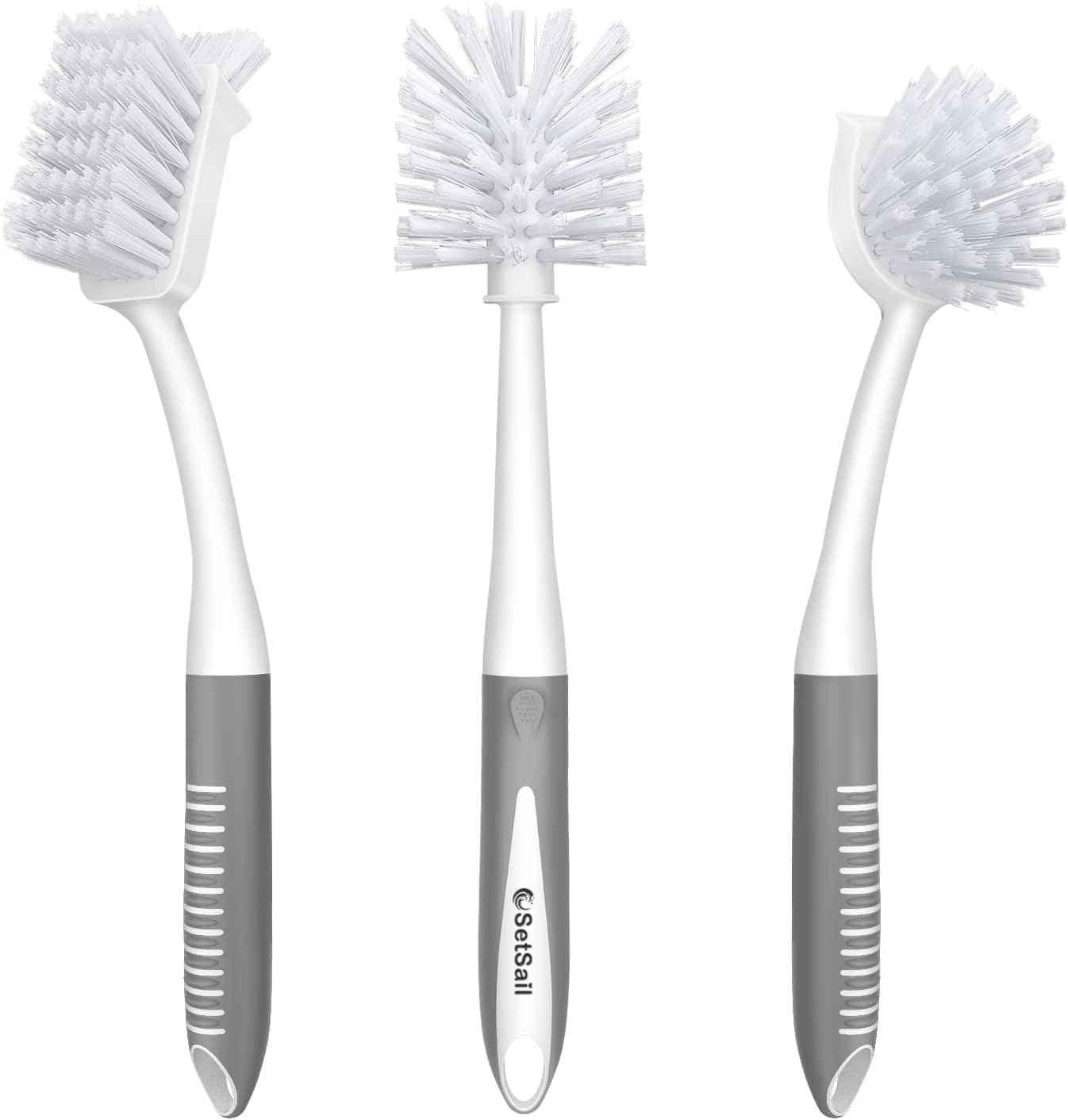 SetSail Dish Brush Set of 3 with Bottle Brush, Dish Scrub Brush with Long Handle Deep Cleaning Handle Brush with Scraper Tip for Kitchen Sink Dishes Bottle Cup Pot and Pans Tile Lines, Black