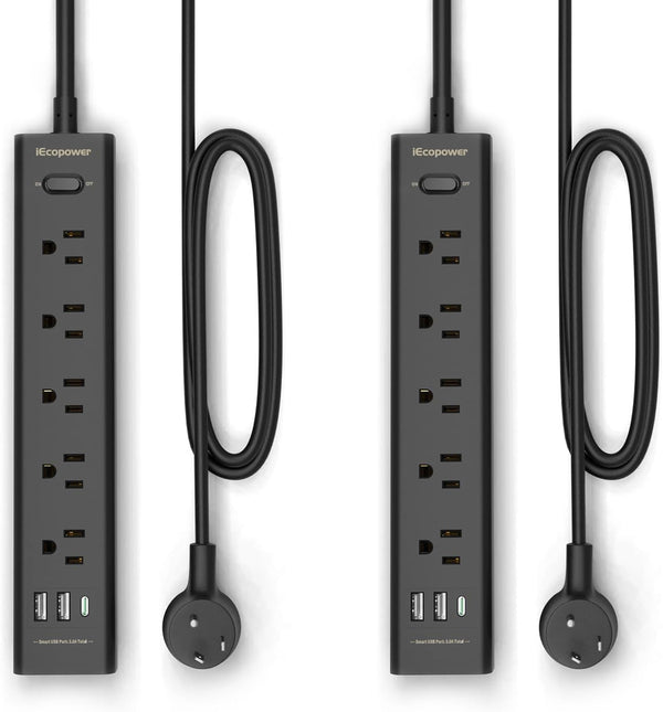 black 2-pack power strip with 5 outlets, 3 usb ports, 1250w surge protector, 5ft cord, wall mount for home office