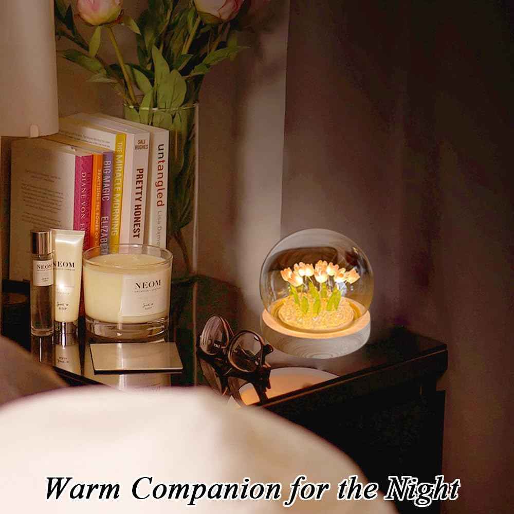 Birthday Gift for Women, Flower Night Light USB Tulip Table Lamp with Wooden Base and Glass Cover for Home Decor Ideal Anniversary Christmas Gift for Mother Wife Sister Daughter Girlfriend and Kids