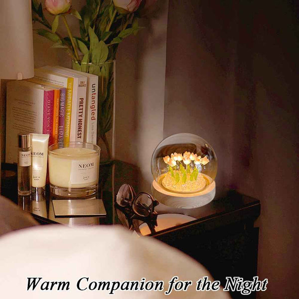 Flower night light with 10 led tulip, 3.93 inch glass cover, wooden base and usb plug for home decor