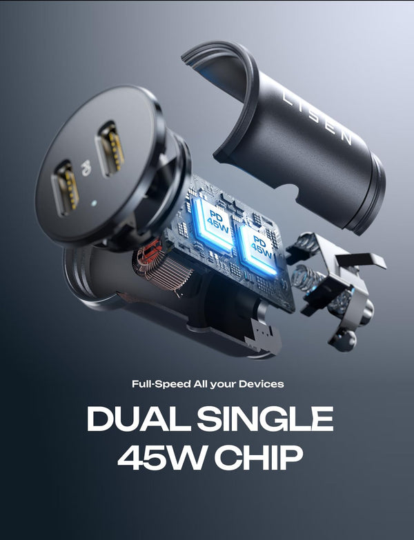 Dual USB-C Car Charger with 90W Power Delivery for iPhone and Samsung